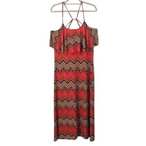 Cherry Krave‎ Women Red Chevron Zigzag Geometric Flounce Strappy Maxi Dress Med